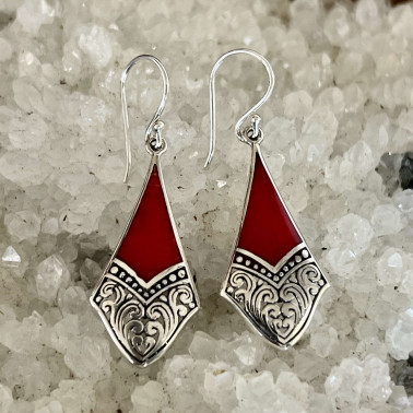 ER 15565 CR-(HANDMADE 925 BALI STERLING SILVER FILIGREE EARRINGS WITH CORAL)